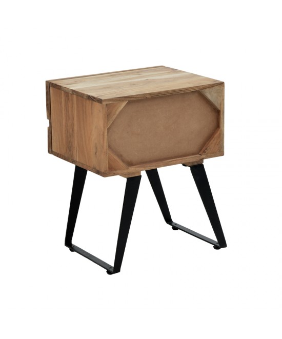 Κομοδίνο Imena pakoworld μασίφ ξύλο Acacia σε φυσικό απόχρωση με μαύρα μεταλλικά πόδια 45x35x56εκ