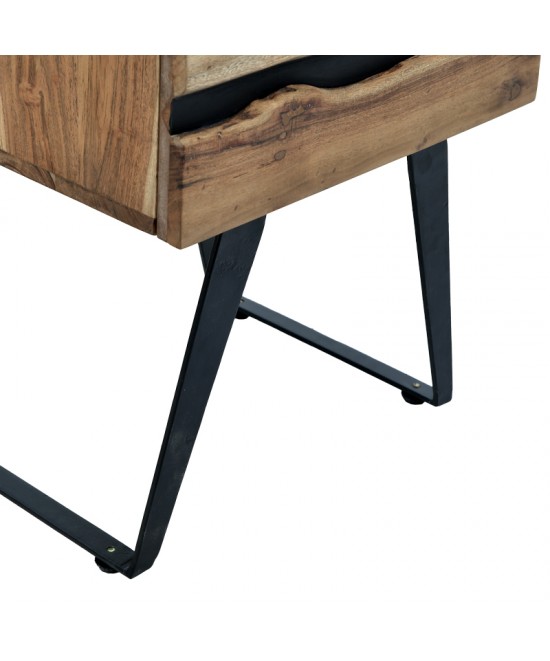 Κομοδίνο Imena pakoworld μασίφ ξύλο Acacia σε φυσικό απόχρωση με μαύρα μεταλλικά πόδια 45x35x56εκ