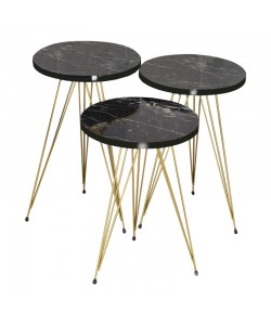 Βοηθητικά τραπέζια Wakmi pakoworld σετ 3τεμ μαύρο μαρμάρου μελαμίνης-χρυσο μέταλλο