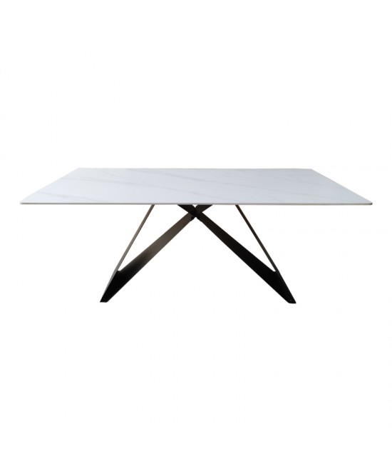 Τραπέζι Mapele pakoworld sintered stone λευκή όψη μαρμάρου με μαύρα μεταλλικά πόδια 180x90x75εκ