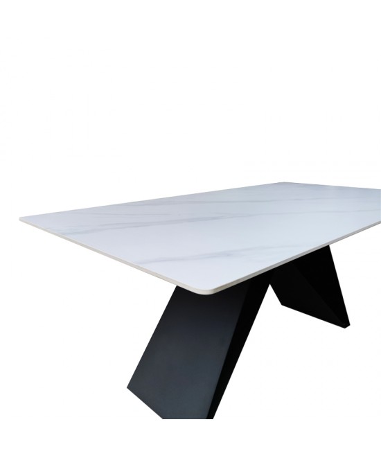 Τραπέζι Mapele pakoworld sintered stone λευκή όψη μαρμάρου με μαύρα μεταλλικά πόδια 180x90x75εκ