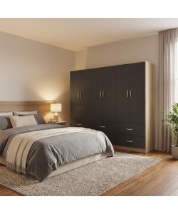 Ντουλάπα εξάφυλλη με συρτάρια Lego pakoworld sonoma-ανθρακι 240x42x180εκ