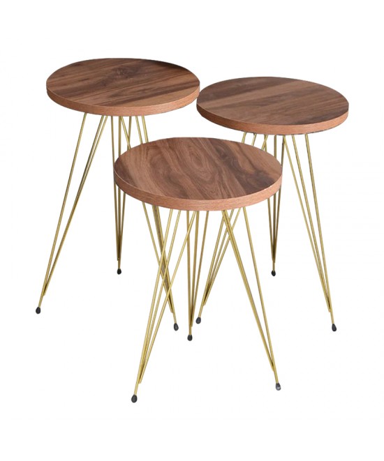 Βοηθητικά τραπέζια Wakmi pakoworld σετ 3τεμ φυσικό-πόδι χρυσό μέταλλο