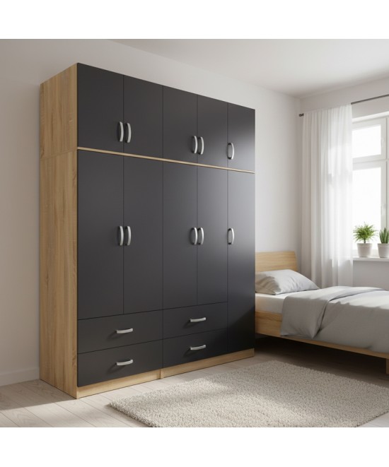 Ντουλάπα πεντάφυλλη με πατάρι Lego pakoworld sonoma-ανθρακί 170x42x240εκ