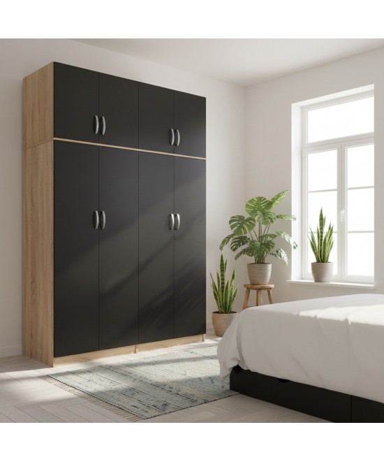 Ντουλάπα τετράφυλλη με πατάρι Lego Ι pakoworld sonoma-ανθρακί 160x42x240εκ