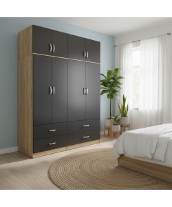 Ντουλάπα τετράφυλλη με συρτάρια και πατάρι Lego pakoworld sonoma-ανθρακί 160x42x240εκ