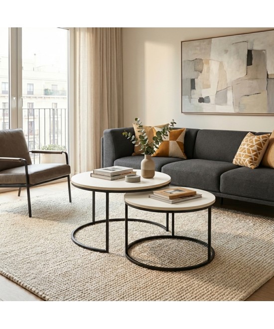 Τραπέζι σαλονιού Solme pakoworld σετ 2τεμ κρεμ-πόδι μαύρο μέταλλο