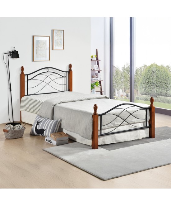 Κρεβάτι Polanian pakoworld ξύλο rubberwood σε καρυδί απόχρωση-μαύρο μέταλλο 150x200εκ