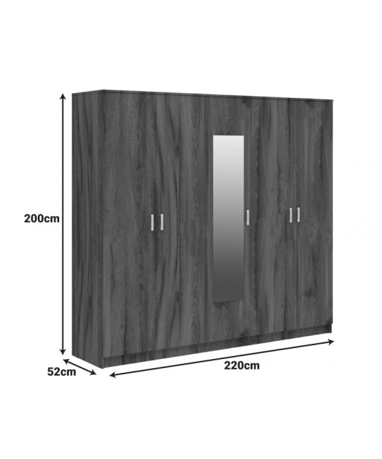 Ντουλάπα πεντάφυλλη με καθρέφτη Luna pakoworld καρυδί-oak 220x52x200εκ