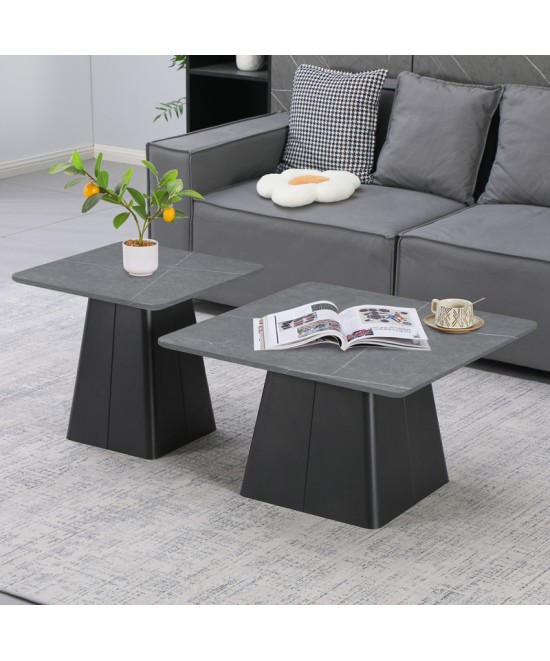 Τραπέζια σαλονιού Square pakoworld σετ 2 τεμ βάση μέταλλο σε μαύρη-sintered stone σε γκρι μαρμάρου