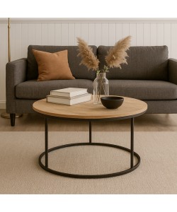 Τραπέζι σαλονιού Sikele pakoworld φυσική απόχρωση με μαύρα μεταλλικά πόδια Φ60x40εκ