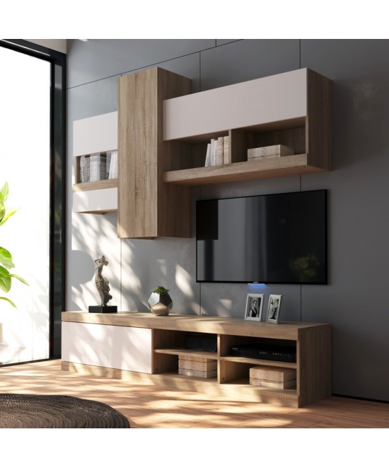 Σύνθετο σαλονιού Torania pakoworld sonoma-λευκό 185x37x145εκ