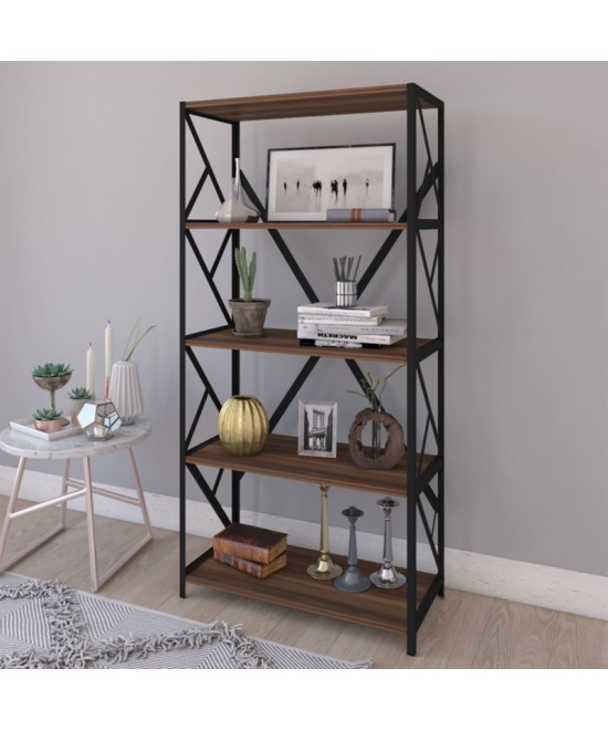 Βιβλιοθήκη Bimblem pakoworld καρυδί με μαύρο μέταλλο 60x30x150εκ