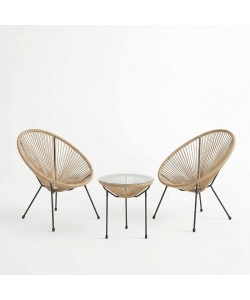 Σαλόνι Εξωτερικού Χώρου Acapulco pakoworld  Σετ 3τεμ μέταλλο μαύρο με pe rattan σε φυσική απόχρωση Φ50x52εκ