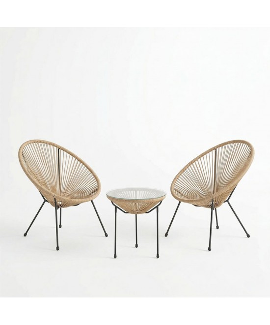 Σαλόνι Εξωτερικού Χώρου Acapulco pakoworld  Σετ 3τεμ μέταλλο μαύρο με pe rattan σε φυσική απόχρωση Φ50x52εκ