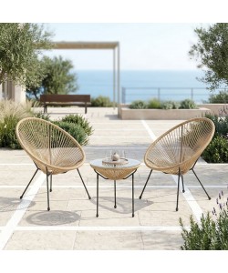 Σαλόνι Εξωτερικού Χώρου Acapulco pakoworld  Σετ 3τεμ μέταλλο μαύρο με pe rattan σε φυσική απόχρωση Φ50x52εκ