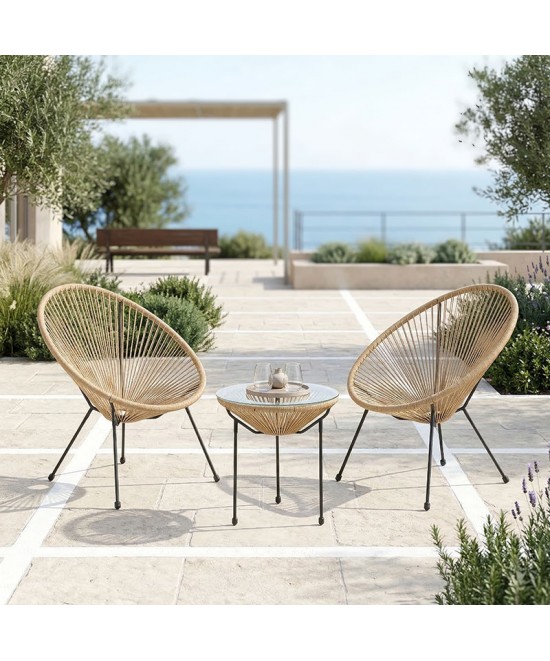 Σαλόνι Εξωτερικού Χώρου Acapulco pakoworld  Σετ 3τεμ μέταλλο μαύρο με pe rattan σε φυσική απόχρωση Φ50x52εκ