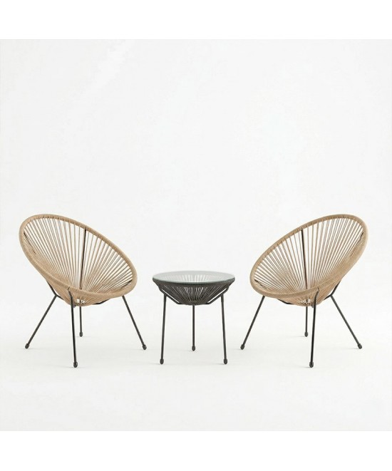 Σαλόνι Εξωτερικού Χώρου Acapulco pakoworld  Σετ 3τεμ pe rattan σε φυσική απόχρωση με μαύρο μέταλλο Φ50x52εκ