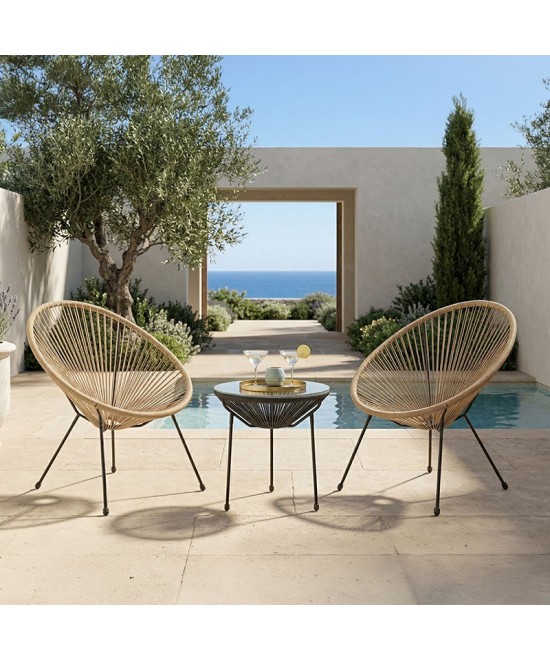 Σαλόνι Εξωτερικού Χώρου Acapulco pakoworld  Σετ 3τεμ pe rattan σε φυσική απόχρωση με μαύρο μέταλλο Φ50x52εκ
