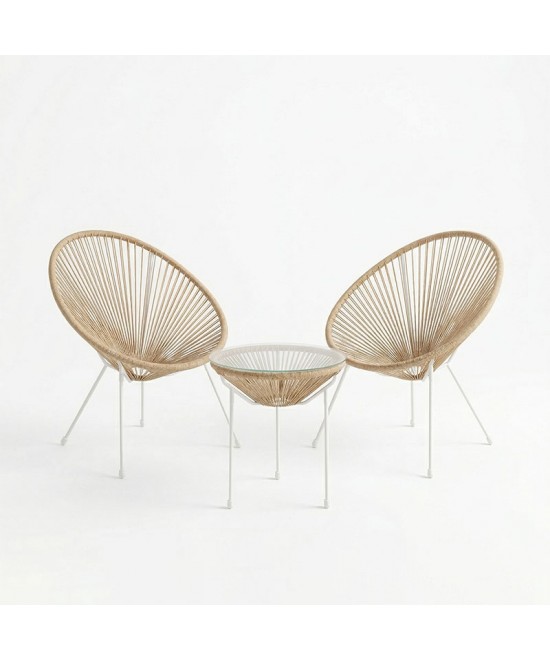 Σαλόνι Εξωτερικού Χώρου Acapulco pakoworld  Σετ 3τεμ μέταλλο λευκό με pe rattan σε φυσική απόχρωση Φ50x52εκ