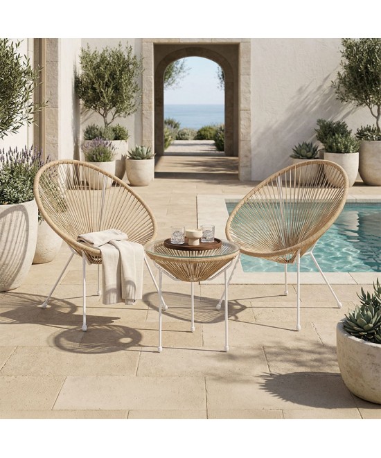Σαλόνι Εξωτερικού Χώρου Acapulco pakoworld  Σετ 3τεμ μέταλλο λευκό με pe rattan σε φυσική απόχρωση Φ50x52εκ