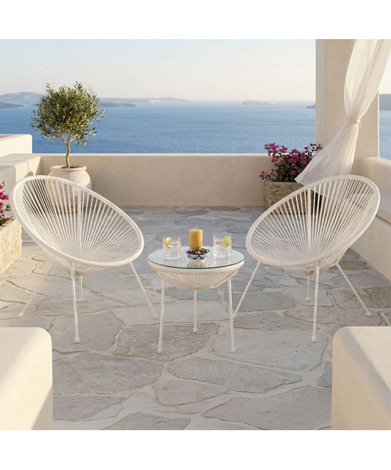 Σαλόνι Εξωτερικού Χώρου Acapulco pakoworld Σετ 3τεμ λευκό μέταλλο με pe rattan Φ50x52εκ