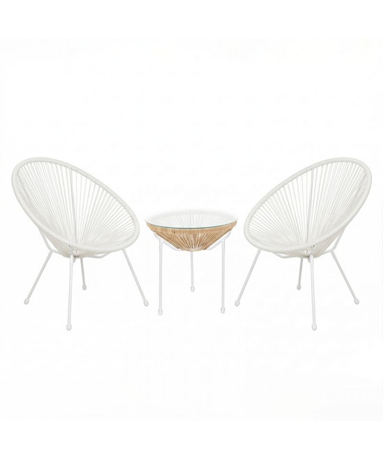 Σαλόνι Εξωτερικού Χώρου Acapulco pakoworld  Σετ 3τεμ λευκό μέταλλο με pe rattan σε φυσική απόχρωση Φ50x52εκ