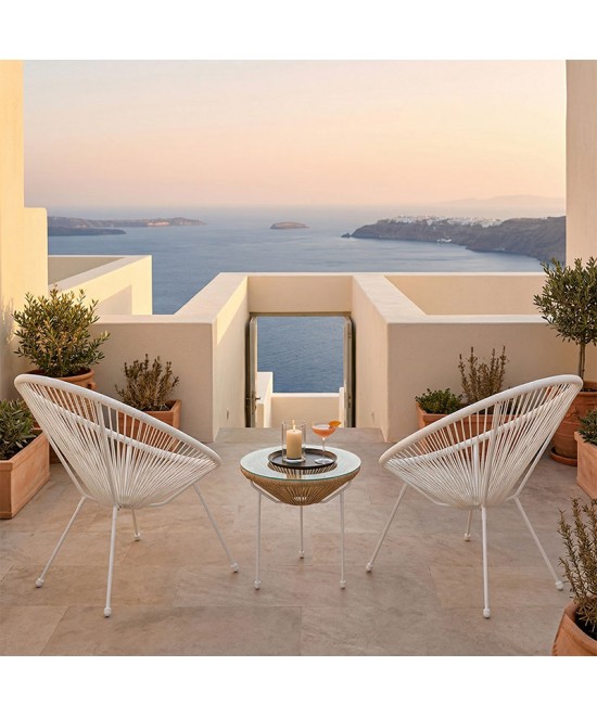 Σαλόνι Εξωτερικού Χώρου Acapulco pakoworld  Σετ 3τεμ λευκό μέταλλο με pe rattan σε φυσική απόχρωση Φ50x52εκ