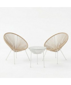 Σαλόνι Εξωτερικού Χώρου Acapulco pakoworld  Σετ 3τεμ pe rattan σε φυσική απόχρωση με λευκό μέταλλο Φ50x52εκ