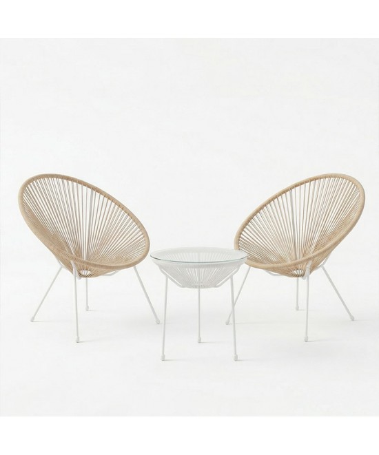 Σαλόνι Εξωτερικού Χώρου Acapulco pakoworld  Σετ 3τεμ pe rattan σε φυσική απόχρωση με λευκό μέταλλο Φ50x52εκ