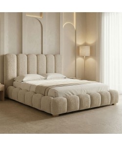 Κρεβάτι Nuvem pakoworld μπουκλέ υφασμα μπεζ με αποθηκευτικό χώρο 160x200εκ