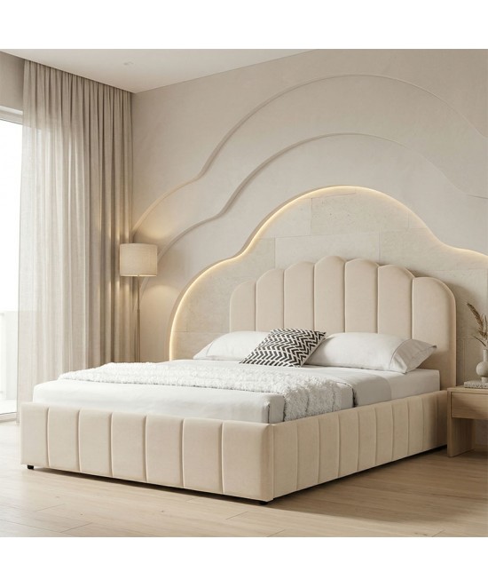 Κρεβάτι Tatiana pakoworld βελούδο μπεζ με αποθηκευτικό χώρο 160x200εκ