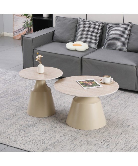 Τραπέζια σαλονιού Sculpt pakoworld σετ 2τεμ μέταλλο cappuccino- sintered stone σε όψης τραβερτίνης