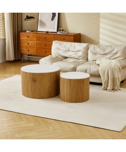 Τραπέζια σαλονιού Nelba pakoworld 2τμχ mdf oak - κεραμική επιφάνεια όψη μαρμάρου