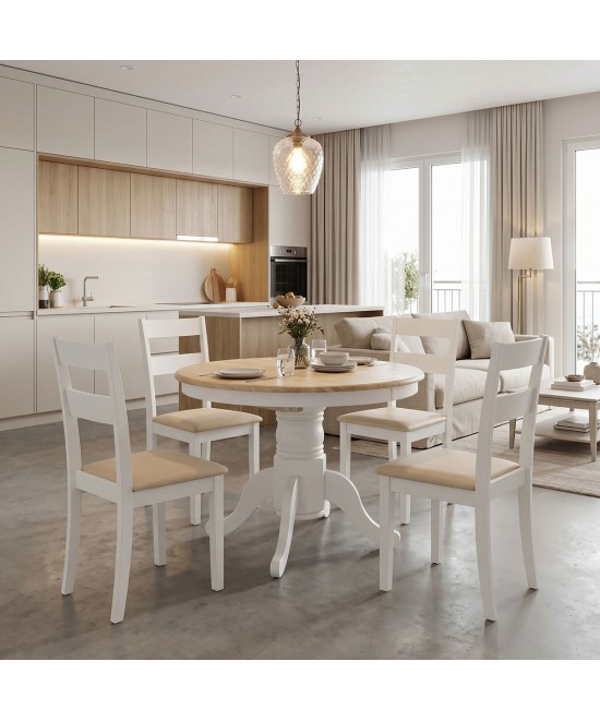Τραπεζαρία Dallan Lars pakoworld 5τεμ λευκό rubberwood Φ100(+38)x100x75εκ