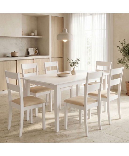 Τραπεζαρία Dallan Mabor pakoworld 7τεμ λευκό rubberwood 120-150x80x73,8εκ