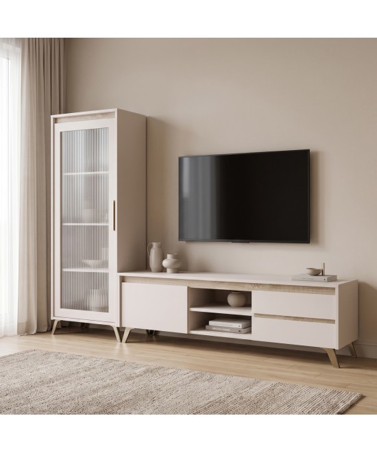 Σύνθετο σαλονιού Belka pakoworld κρεμ με oak 210,6x45x152,6εκ Σύνθετο σαλονιού Belka pakoworld κρεμ με oak 210,6x45x152,6εκ