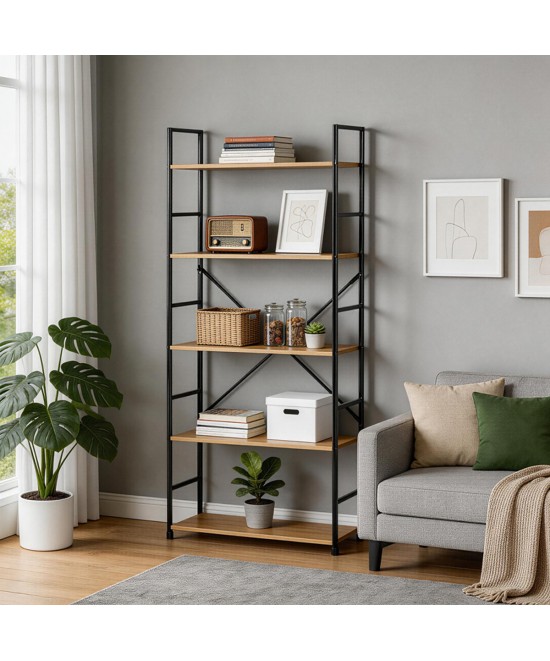 Βιβλιοθήκη Manlo pakoworld oak με μαύρο μέταλλο 58.6x23.5x144εκ Βιβλιοθήκη Manlo pakoworld oak με μαύρο μέταλλο 58.6x23.5x144εκ