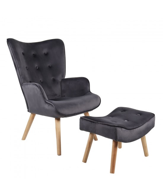 Πολυθρόνα Μπερζέρα Με Υποπόδιο ArteLibre ANIDORI Γκρι Βελούδο/Ξύλο 73x69x96cm