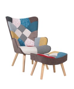 Πολυθρόνα Μπερζέρα Με Υποπόδιο ArteLibre BRIAR Patchwork Ύφασμα/Ξύλο 73x69x96cm