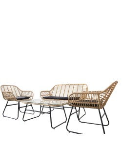 Σετ Σαλόνι Κήπου ArteLibre ACILIUS Φυσικό/Μαύρο Μέταλλο/Rattan 2θ. Καναπές+2 Πολυθρόνες+Τραπεζάκι