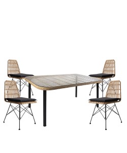 Σετ Τραπεζαρία Κήπου ArteLibre AMPIUS Φυσικό/Μαύρο Μέταλλο/Rattan/Γυαλί Με 4 Καρέκλες 14990287
