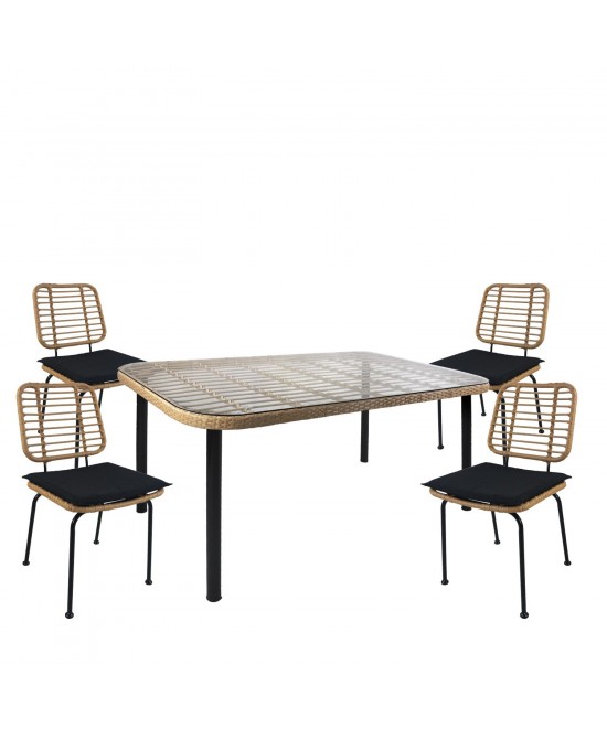 Σετ Τραπεζαρία Κήπου ArteLibre AMPIUS Φυσικό/Μαύρο Μέταλλο/Rattan/Γυαλί Με 4 Καρέκλες 14990311