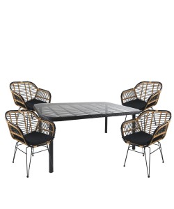 Σετ Τραπεζαρία Κήπου ArteLibre AMPIUS Μαύρο Μέταλλο/Rattan/Γυαλί Με 4 Καρέκλες 14990367