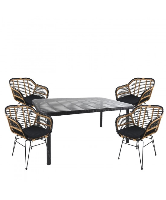 Σετ Τραπεζαρία Κήπου ArteLibre AMPIUS Μαύρο Μέταλλο/Rattan/Γυαλί Με 4 Καρέκλες 14990367