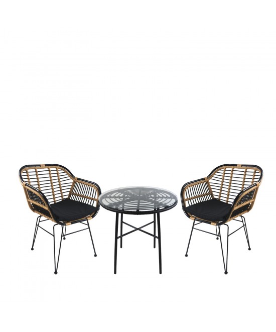 Σετ Τραπεζαρία Κήπου ArteLibre APPIUS Μαύρο Μέταλλο/Rattan/Γυαλί Με 2 Καρέκλες 14990370