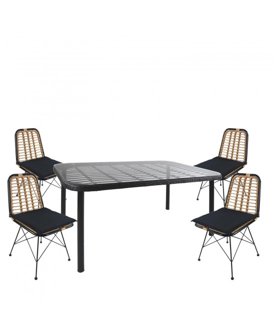 Σετ Τραπεζαρία Κήπου ArteLibre AMPIUS Μαύρο Μέταλλο/Rattan/Γυαλί Με 4 Καρέκλες 14990373 Σετ Τραπεζαρία Κήπου ArteLibre AMPIUS Μαύρο Μέταλλο/Rattan/Γυαλί Με 4 Καρέκλες 14990373