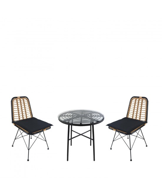 Σετ Τραπεζαρία Κήπου ArteLibre APPIUS Μαύρο Μέταλλο/Rattan/Γυαλί Με 2 Καρέκλες 14990376