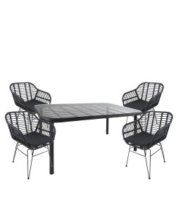 Σετ Τραπεζαρία Κήπου ArteLibre AMPIUS Μαύρο Μέταλλο/Rattan/Γυαλί Με 4 Καρέκλες 14990379