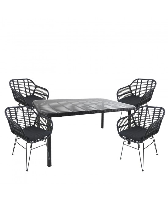 Σετ Τραπεζαρία Κήπου ArteLibre AMPIUS Μαύρο Μέταλλο/Rattan/Γυαλί Με 4 Καρέκλες 14990379
